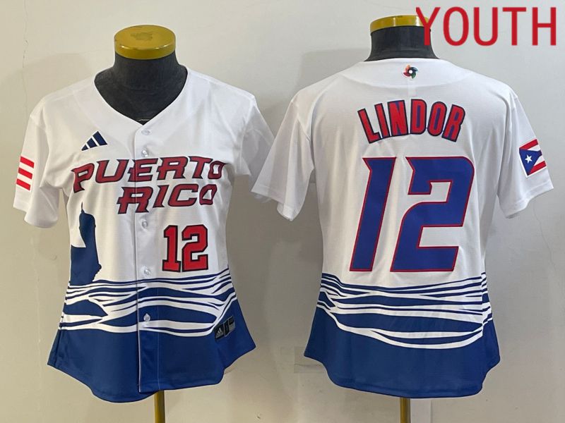 Youth 2023 World Cub Puerto Rico #12 Lindor White MLB Jersey8